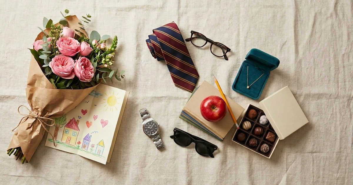 Gifts grouped for five people on linen: pink roses and a child's crayon drawing, a folded necktie and reading glasses, a jewellery box and chocolates, a wristwatch and sunglasses, an apple on a stack of books