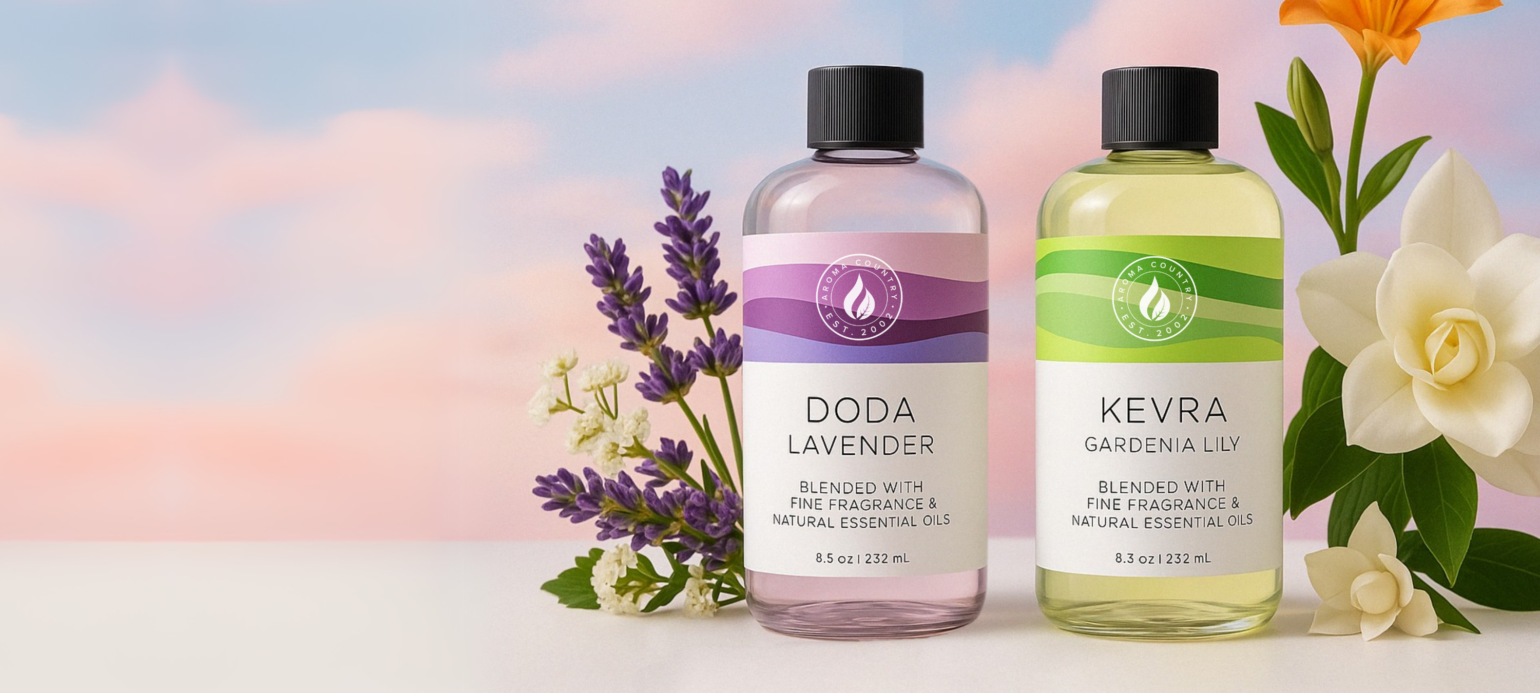 Banner showcasing Doda Lavender Kevra Gardenia Lily blended fragrance oils for refined home fragrance and soothing wellness scents