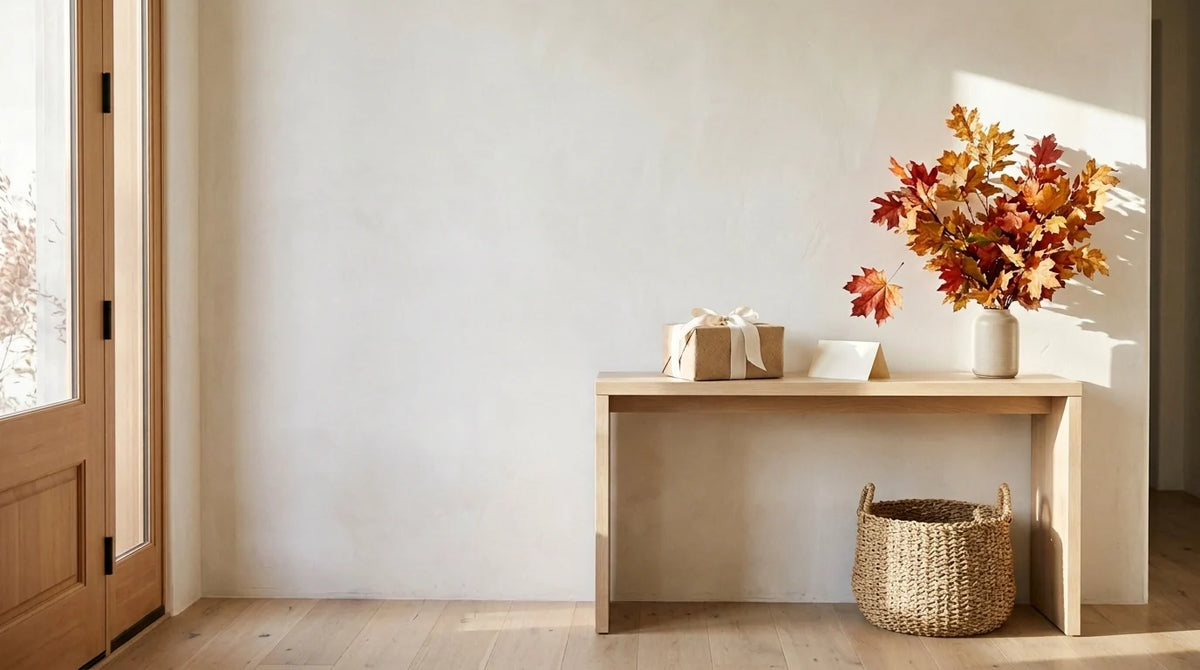 Modern entryway console table styled with a diffuser gift set from Aroma Country