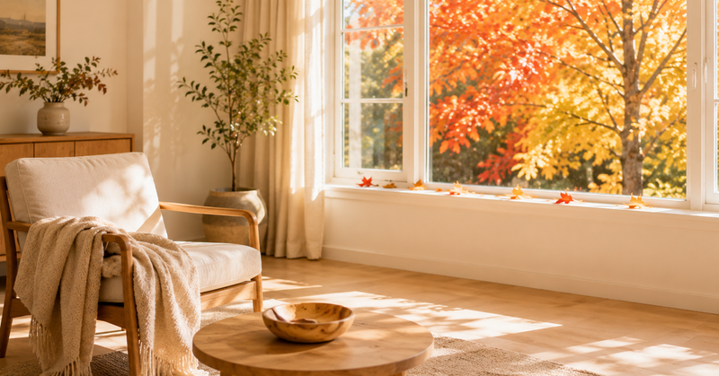 A warm autumn living room with red and gold leaves on the tree outside the window