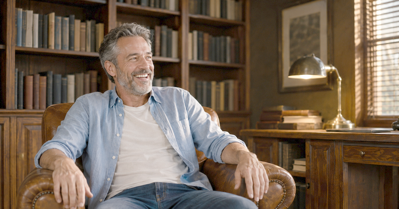 A man laughing in a leather armchair in a warm home study lined with books