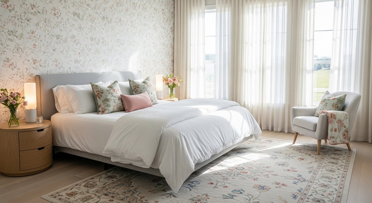 Serene bedroom with botanical wallpaper and fresh cut peonies on the nightstand showing how rose jasmine and garden floral diffuser oils style a bedroom