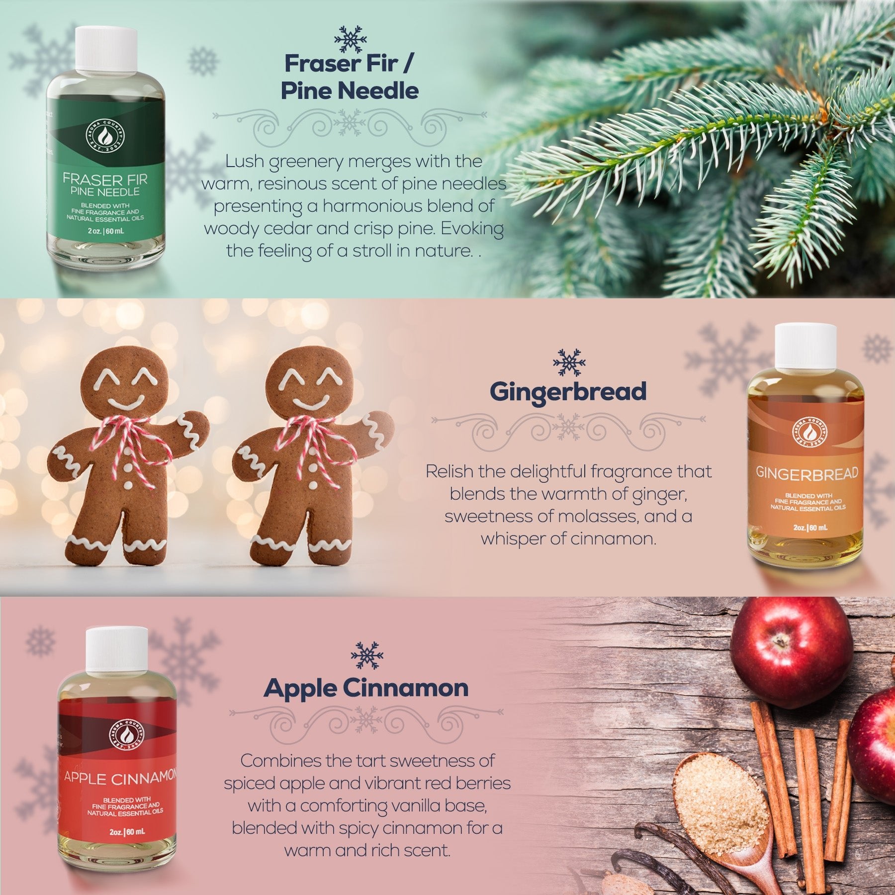 A festive trio of home fragrance oils featuring Fraser Fir with crisp pine and cedar, Gingerbread with warm molasses and cinnamon, and Apple Cinnamon with spicy red berries and vanilla—each scent designed to capture the spirit of the season.