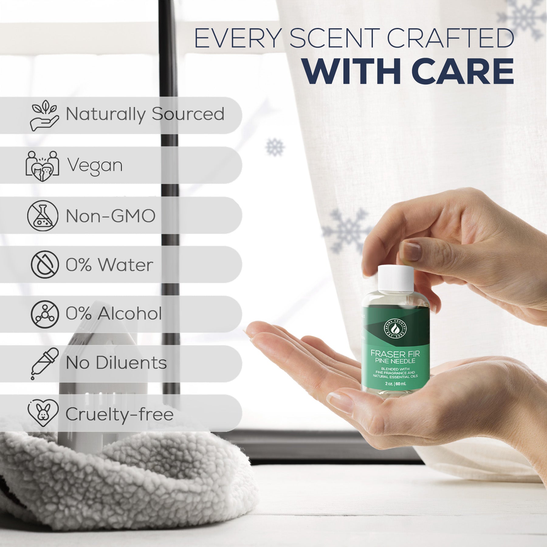Hand holding a bottle of Fraser Fir Pine Needle essential oil in a cozy winter setting, highlighting its naturally sourced, vegan, and alcohol-free fragrance qualities.