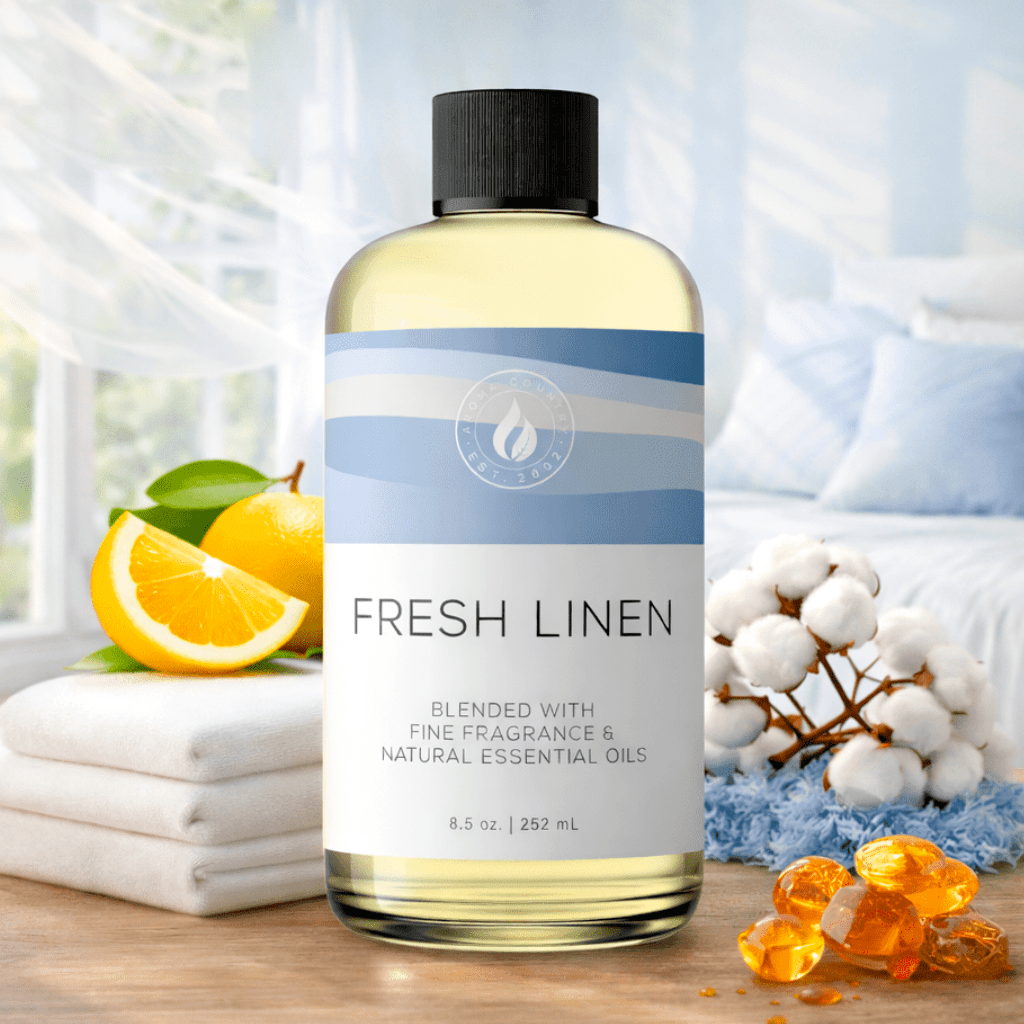 Fresh Linen clean home fragrance oil with airy citrus soft cotton notes and light florals creating a crisp freshly washed scent atmosphere