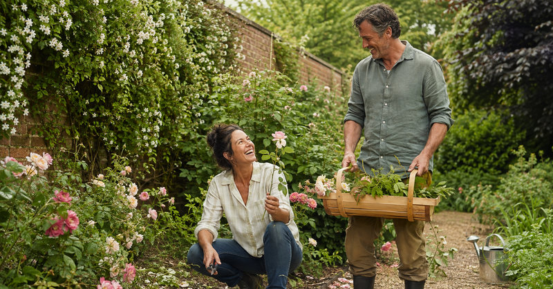 A couple cutting roses in a walled garden border with a wooden trug of stems