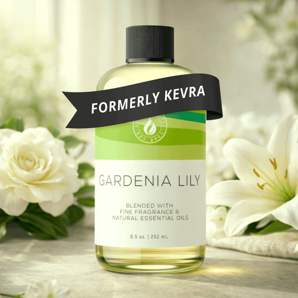 Gardenia Lily home fragrance at 8.5 oz, formerly known as Kevra, with a creamy white floral character, fresh lily petal lift, and soft green undertones for refined home scenting