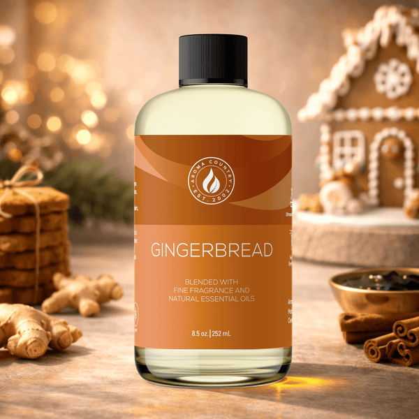 Gingerbread holiday scent oil at 8.5 oz with rich baked ginger character, warm cinnamon-clove spice, and sweet molasses depth for festive holiday home scenting