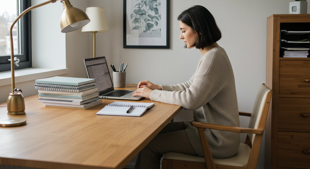 A cold air diffuser blends into this productive office, with rosemary and basil nearby to naturally support alertness and clarity.