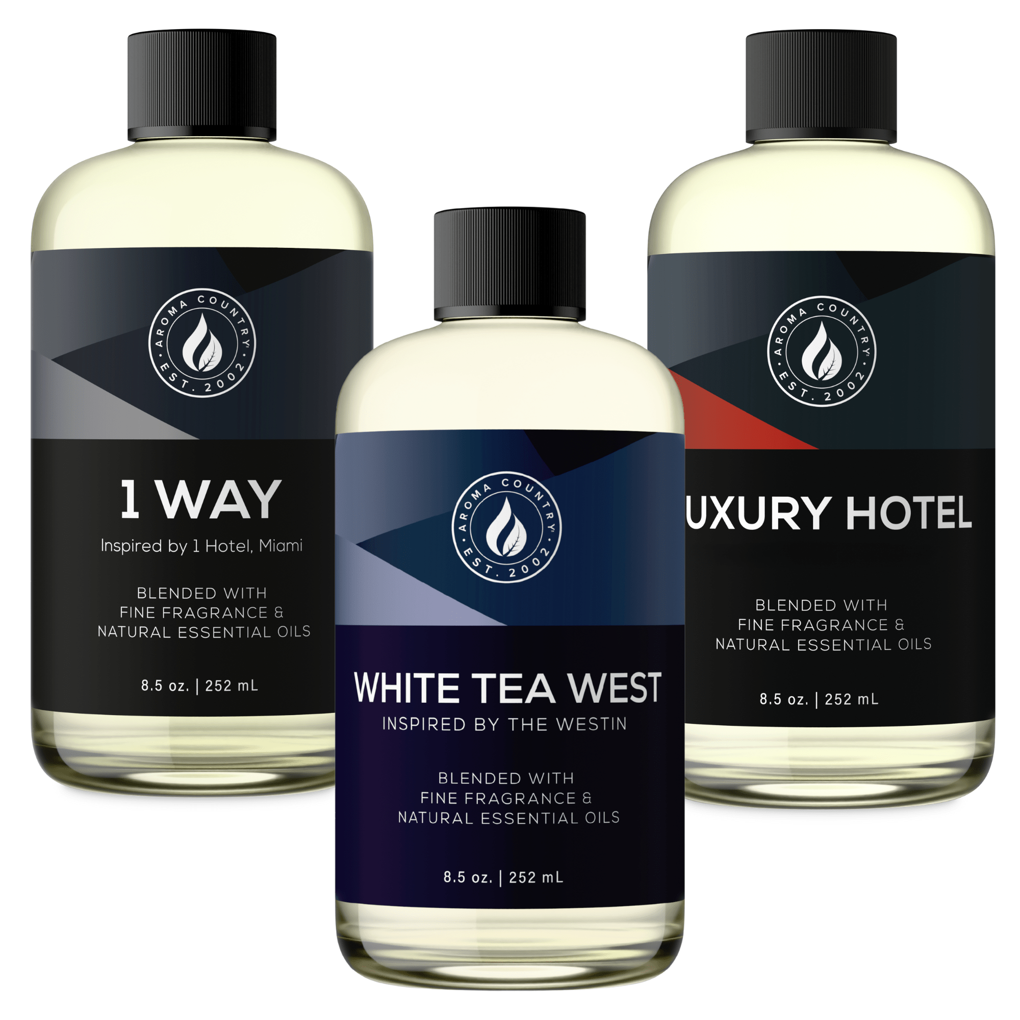 Set of three hotel-inspired cold air diffuser oils including Luxury Hotel, White Tea West, and 1 Way, a refined fragrance bundle for elegant home scenting.