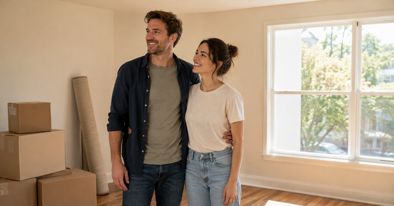 A couple standing in the empty front room of a new home among moving boxes