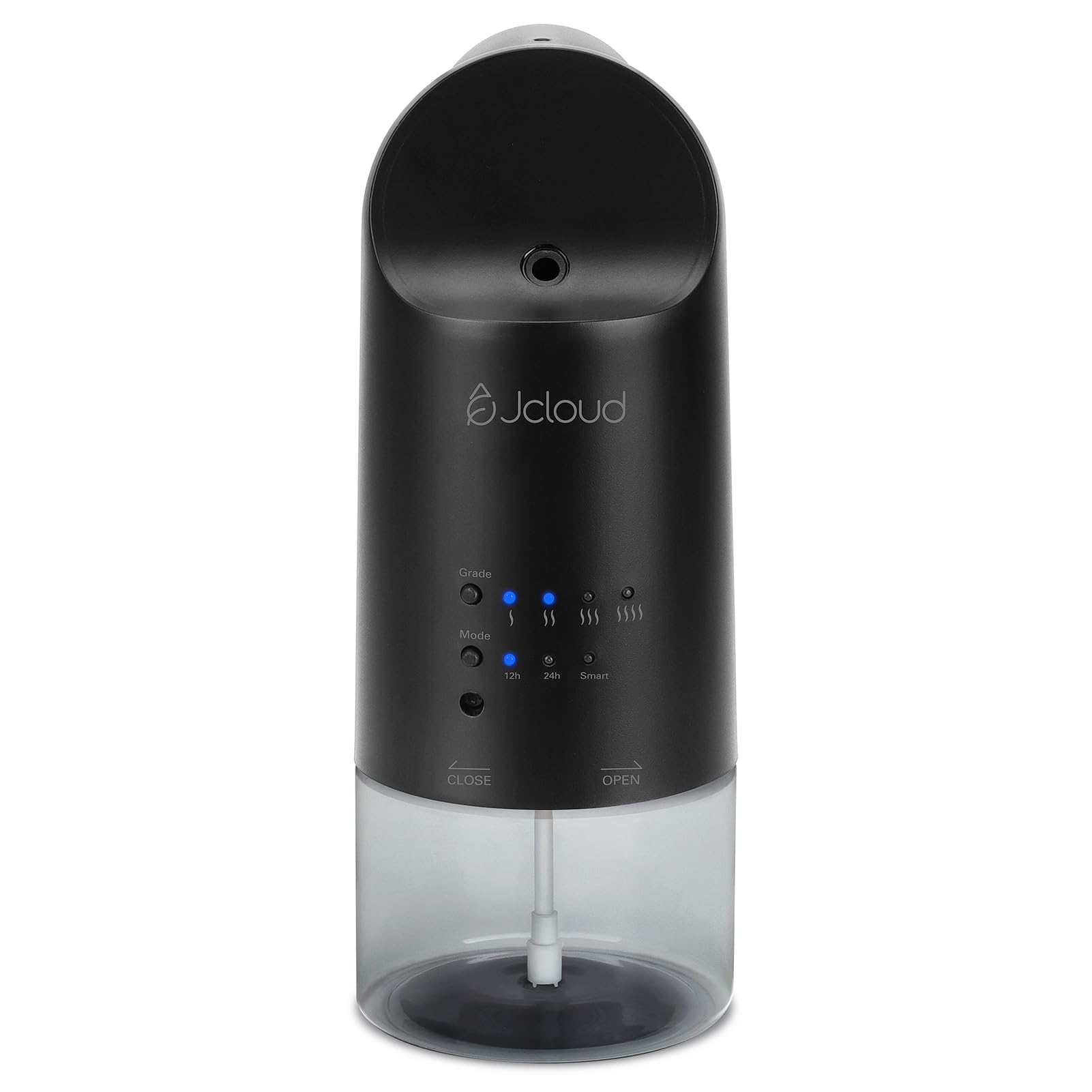JCLOUD smart plug-in scent diffuser in black with grade and mode controls, 12-hour and 24-hour timer settings, and waterless oil delivery for ambient home scenting