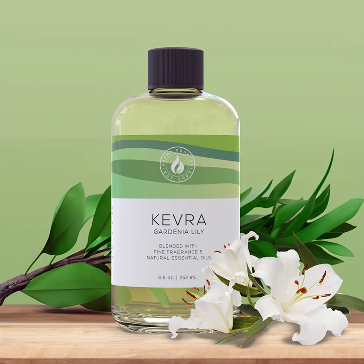 Aroma Country Kevra Gardenia Lily 8.5 oz diffuser oil, delicate floral home fragrance featuring gardenia and lily, blended with fine fragrance oils and natural essential oils for a serene scenting experience