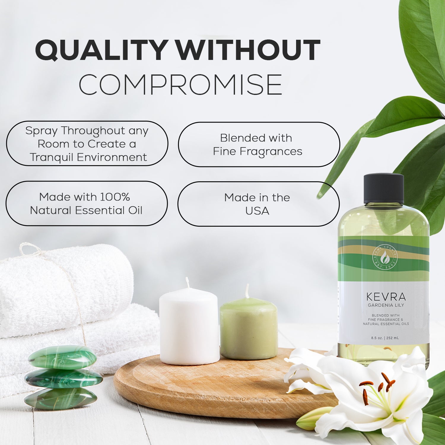 Kevra Gardenia Lily oil presented in a spa-like setting with candles and floral accents, highlighting its essential oil purity for cold air diffusion.