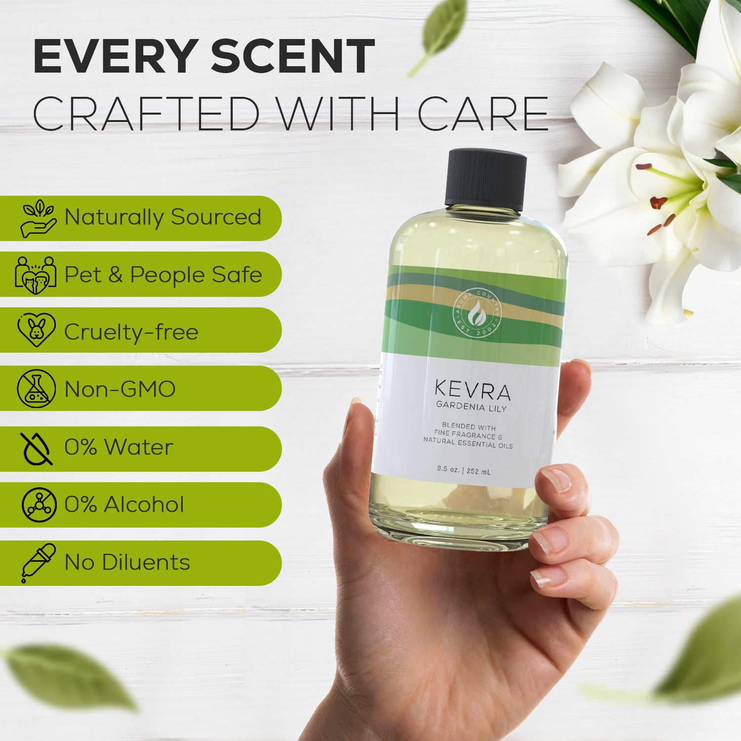 Kevra Gardenia Lily essential oil held in hand, highlighting its naturally sourced, cruelty-free, non-GMO, and alcohol-free formulation.