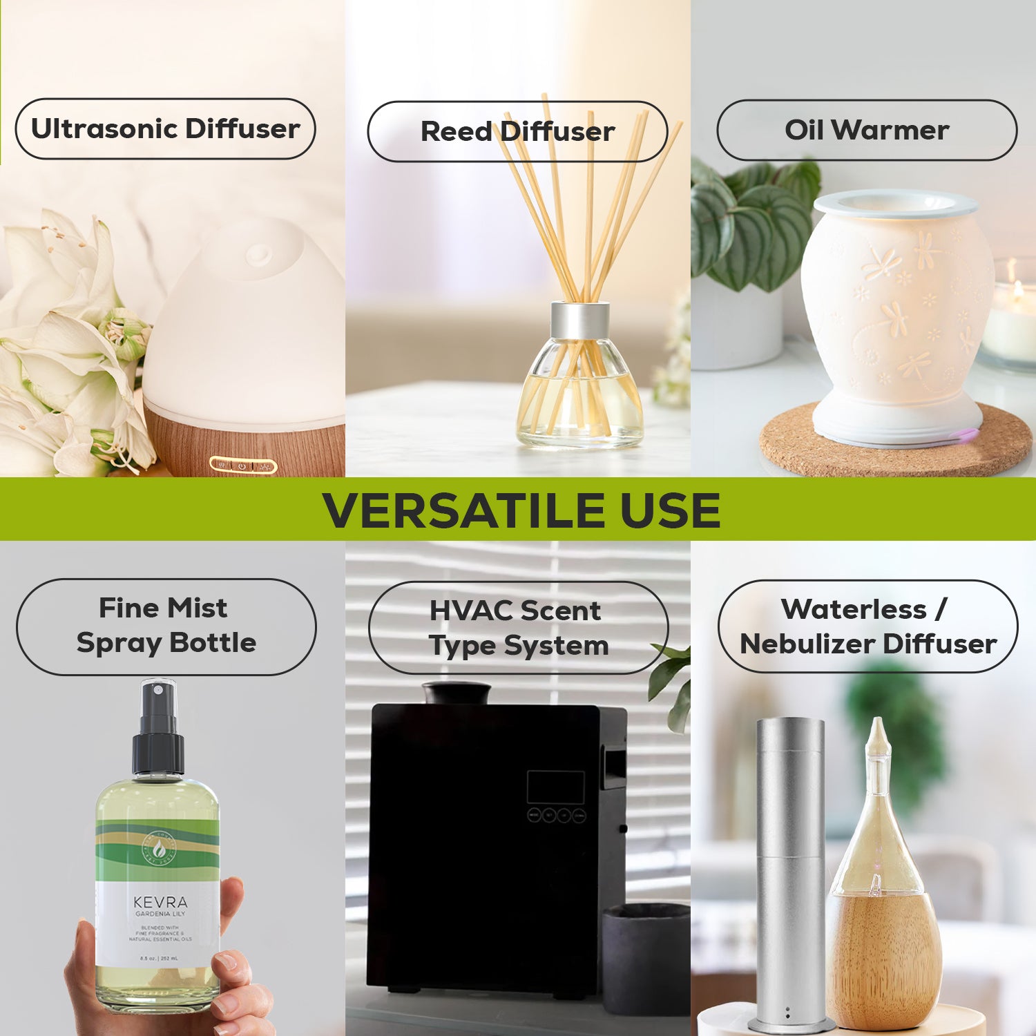 Kevra Gardenia Lily oil shown with various diffuser types and spray bottle options, highlighting its versatility for luxury home scent delivery.