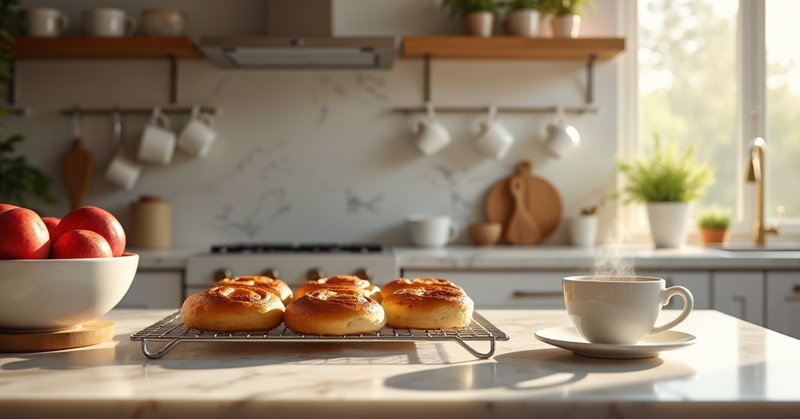 A warm kitchen with cinnamon rolls cooling on a marble counter beside apples and a steaming cup