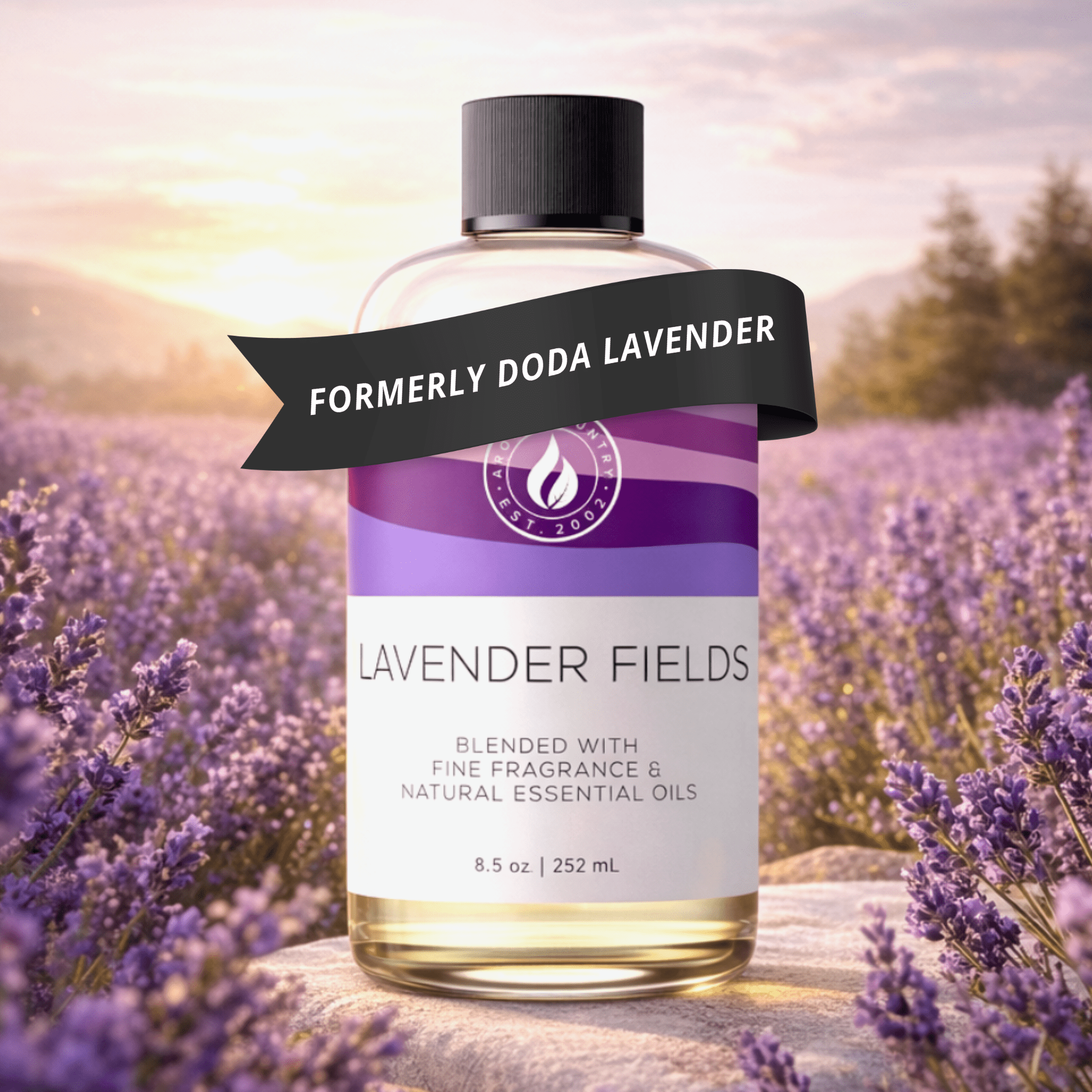 Lavender Fields home scent at 8.5 oz, formerly known as Doda Lavender, featuring soft herbal lavender character, calming floral warmth, and gentle airy freshness for spa-inspired home scenting