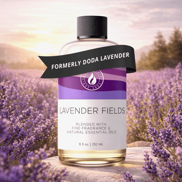 Lavender Fields home scent at 8.5 oz, formerly known as Doda Lavender, featuring soft herbal lavender character, calming floral warmth, and gentle airy freshness for spa-inspired home scenting