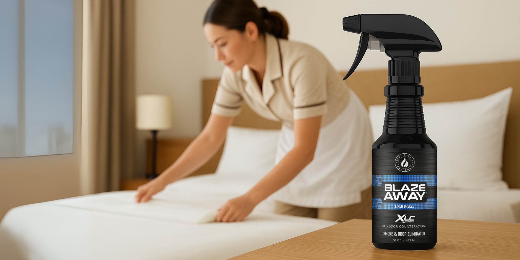 Hospital-grade odor eliminator spray for freshening linens and maintaining clean, smoke-free hotel rooms with Blaze Away Linen Breeze