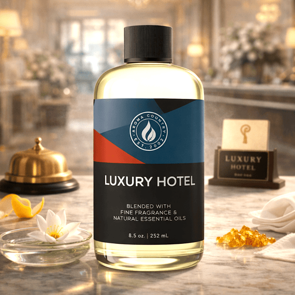Luxury Hotel premium home fragrance oil with refined citrus soft florals warm woods and amber creating a high end hotel inspired scent