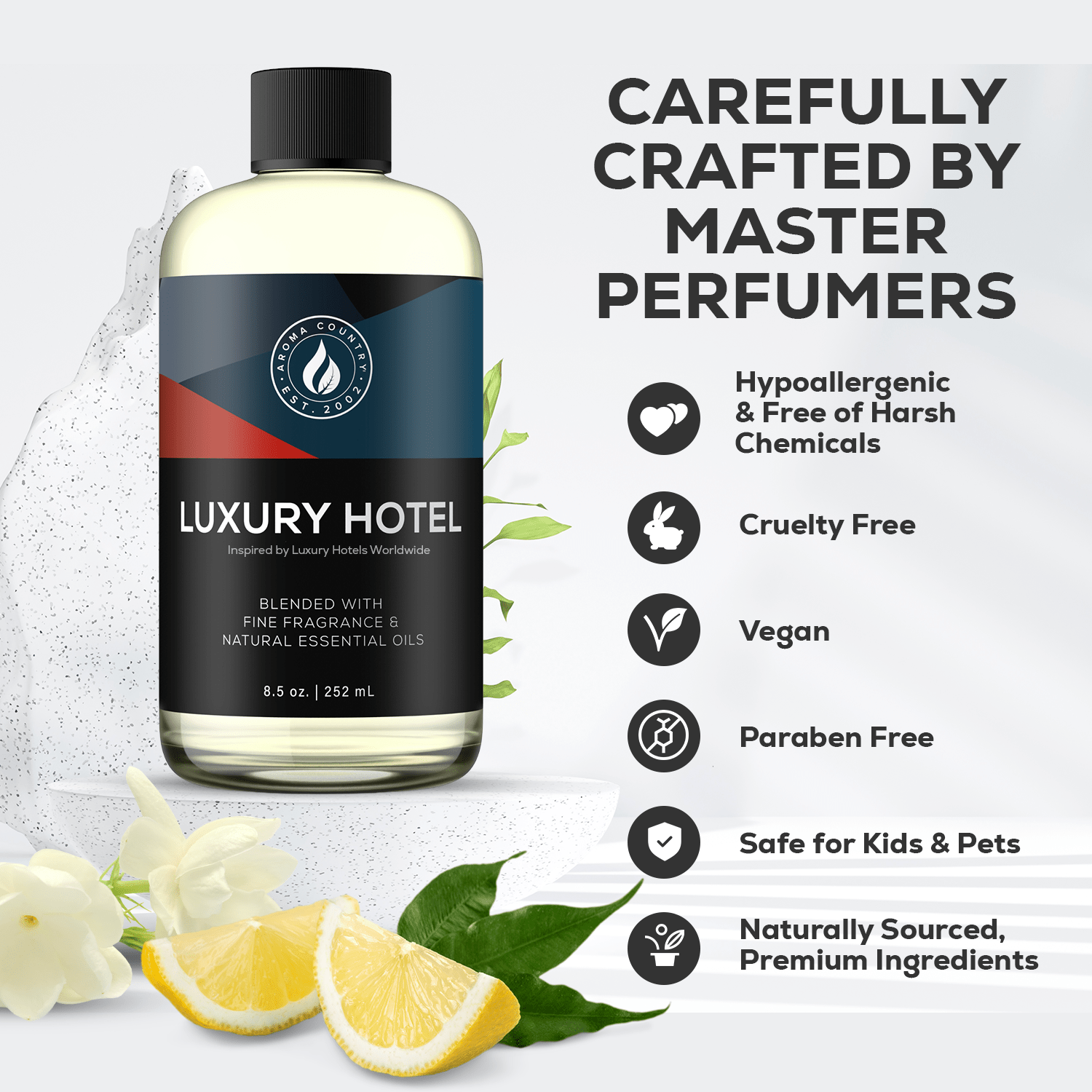 Luxury Hotel diffuser oil with vegan, cruelty-free, paraben-free, and hypoallergenic features for safe and natural scenting
