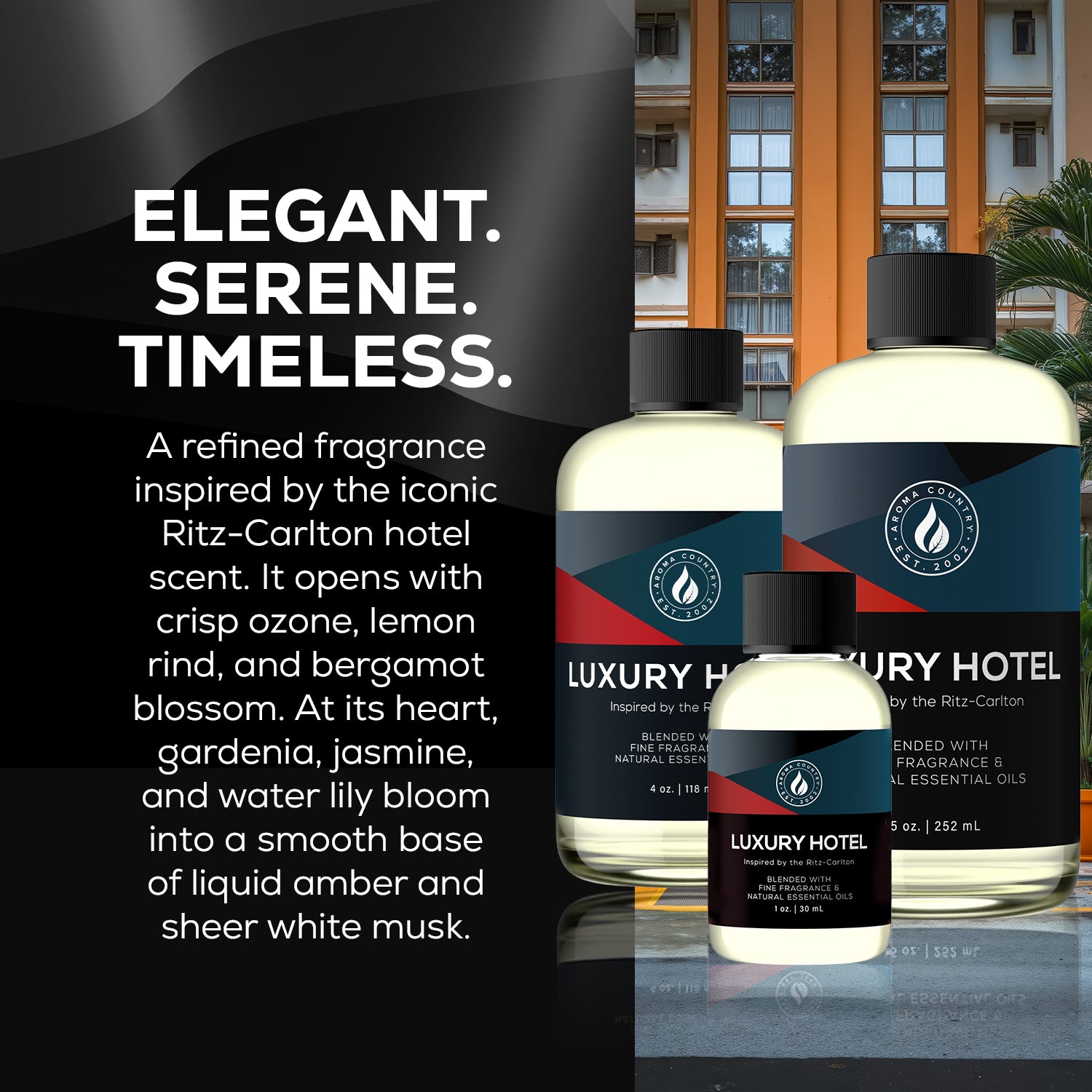A display of the Luxury Hotel fragrance bottles with a refined description highlighting its notes of ozone, lemon rind, gardenia, jasmine, and sheer white musk.