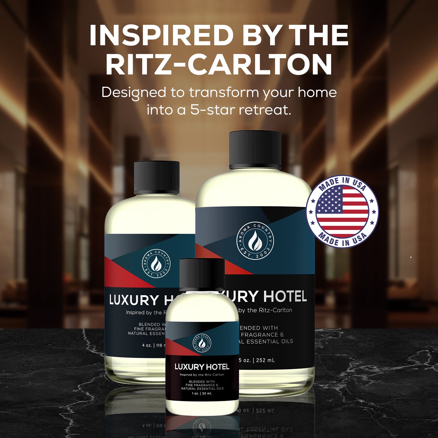 Luxury Hotel diffuser oils inspired by the Ritz-Carlton scent, designed to create a five-star home atmosphere with premium fragrance blends.