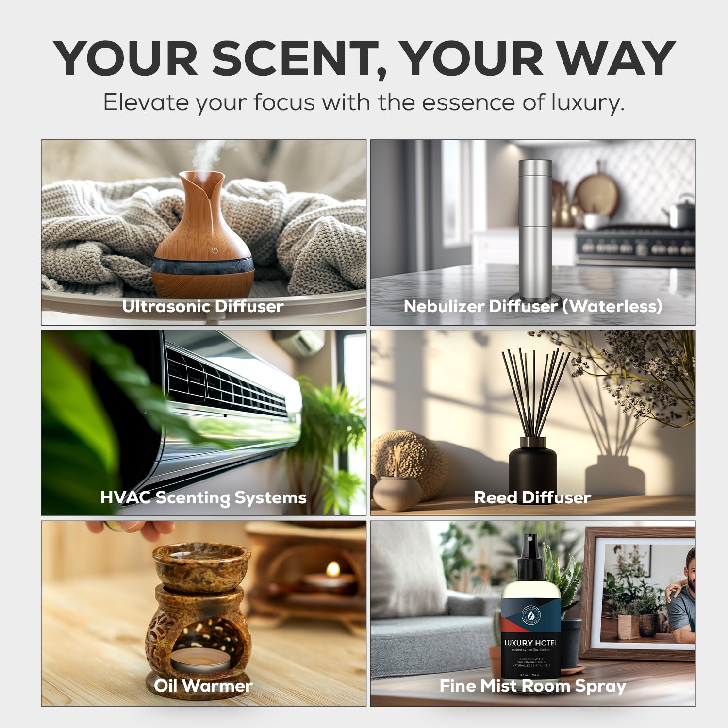 A range of premium scenting options, including ultrasonic and nebulizer diffusers, HVAC systems, oil warmers, and room sprays for personalized fragrance delivery.