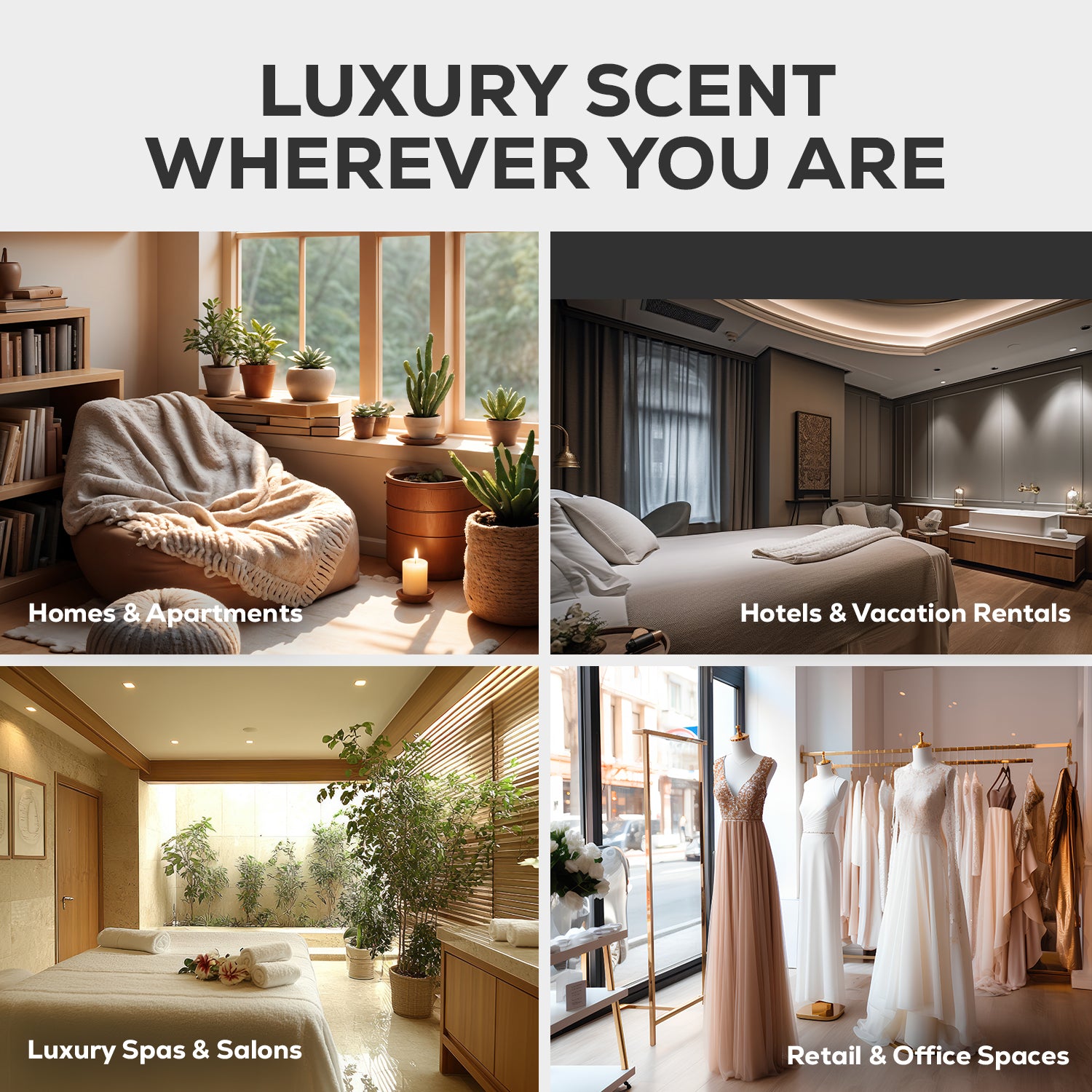 Elegant scenting environments including cozy homes, boutique hotels, serene spas, and upscale retail spaces showcasing the versatility of luxury fragrance.