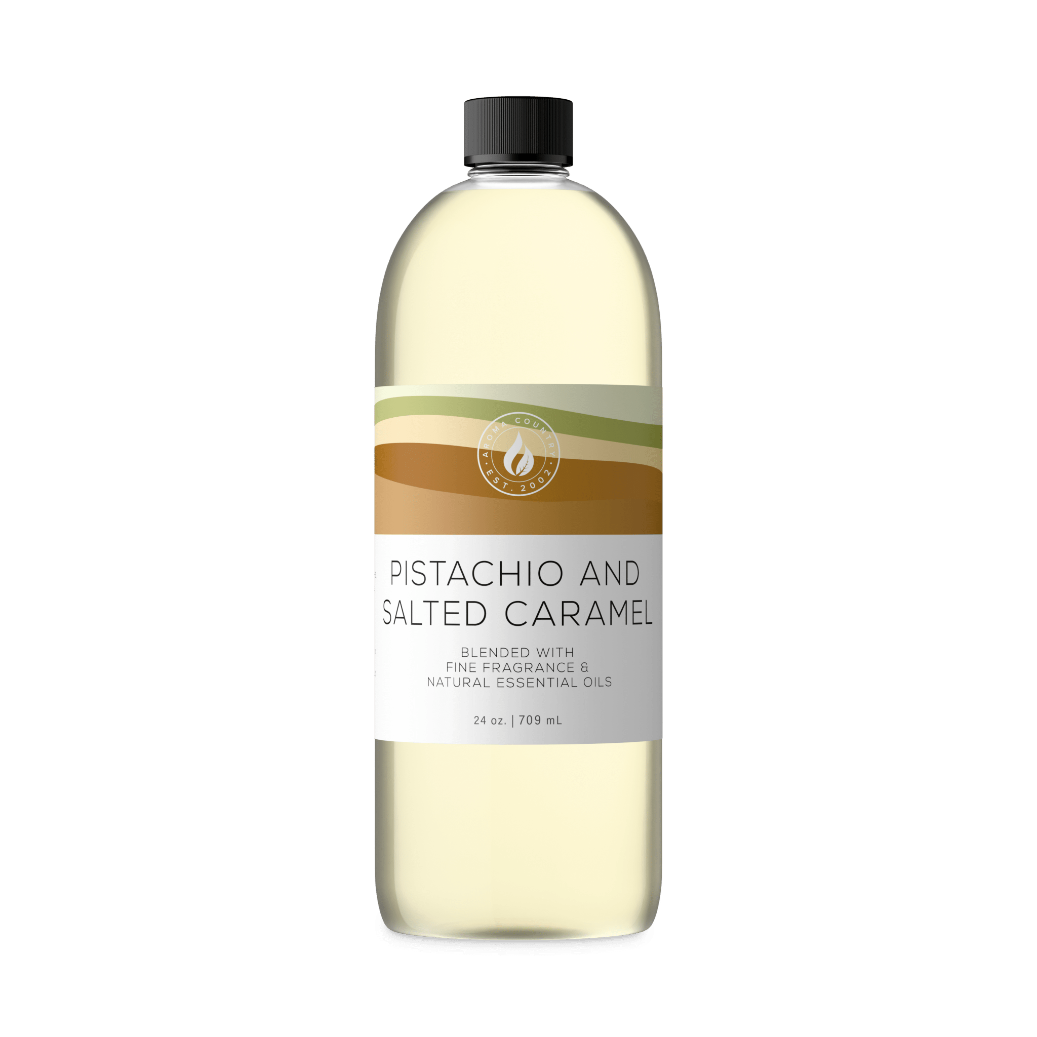 Pistachio and Salted Caramel aroma oil in a 24 oz bottle, rich with toasted almond, salted caramel, and creamy vanilla over a sandalwood base.