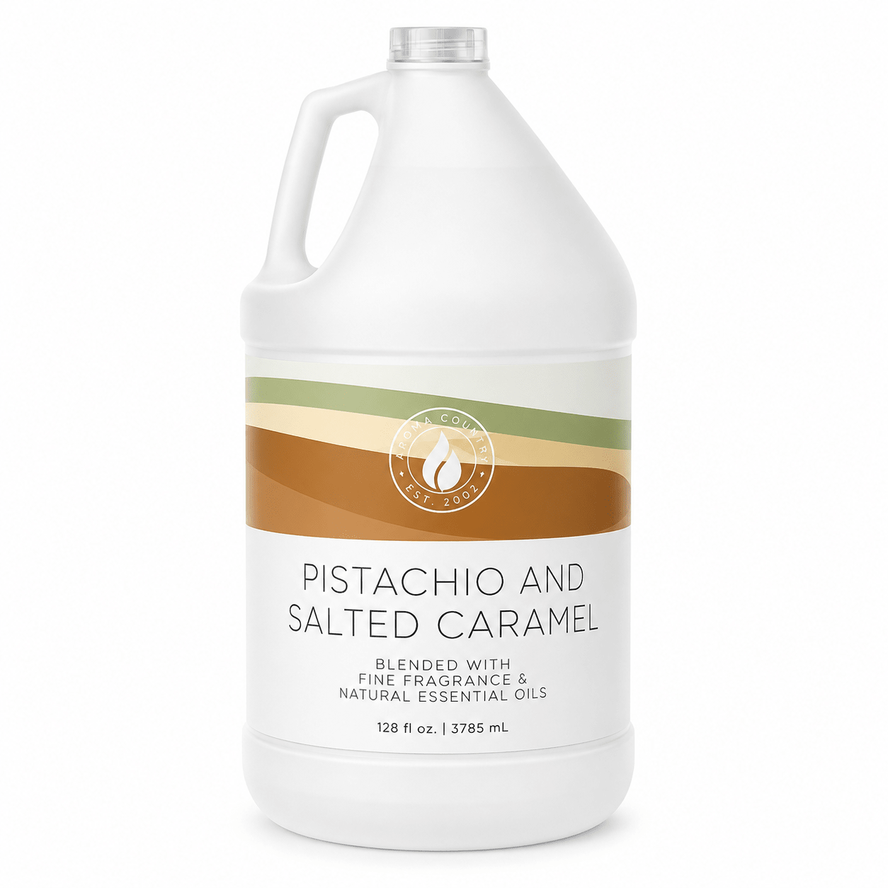 Pistachio and Salted Caramel concentrated fragrance oil in a 128 oz gallon, a gourmand blend of salted caramel, pistachio cream, and warm vanilla for whole-home scenting.
