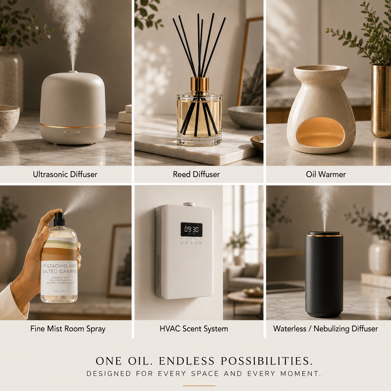 Pistachio and Salted Caramel diffuser oil shown across an ultrasonic diffuser, reed diffuser, oil warmer, fine mist room spray, HVAC scent system, and waterless nebulizing diffuser, carrying notes of toasted almond, salted caramel, and creamy vanilla.