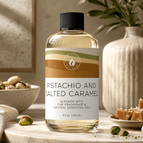 Pistachio and Salted Caramel fragrance oil in an 8 oz bottle, a warm gourmand blend of pistachio cream, salted caramel, and creamy vanilla.