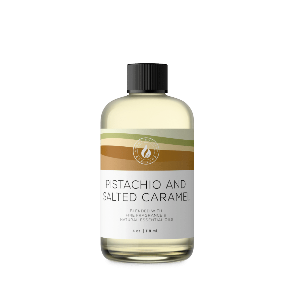 Pistachio and Salted Caramel home fragrance in a 4 oz bottle, a sweet gourmand scent of salted caramel, vanilla sugar, and soft sandalwood.