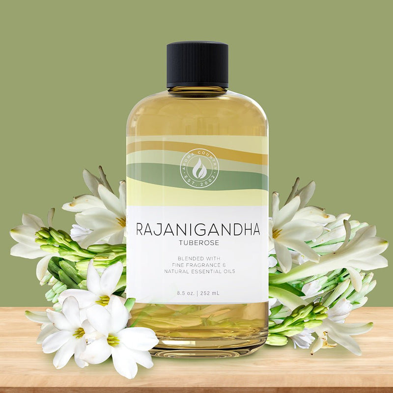 Aroma Country Rajanigandha Tuberose 8.5 oz diffuser oil, elegant floral fragrance crafted with fine fragrance oils and natural essential oils for a luxurious home scenting experience