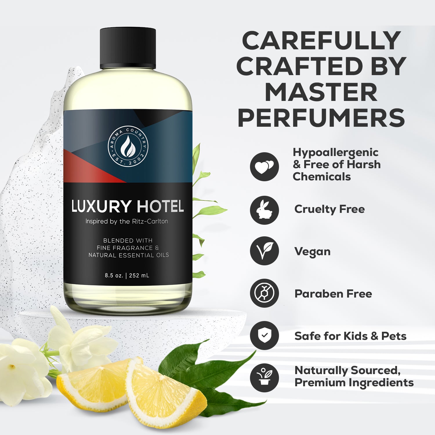 Luxury Hotel fragrance inspired by the Ritz-Carlton, crafted with vegan, hypoallergenic, cruelty-free, and naturally sourced premium ingredients.