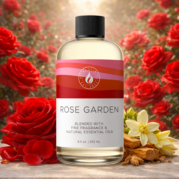 Rose Garden luxury fragrance oil with a romantic floral scent, soft rose aroma, and warm botanical depth for elevated home fragrance