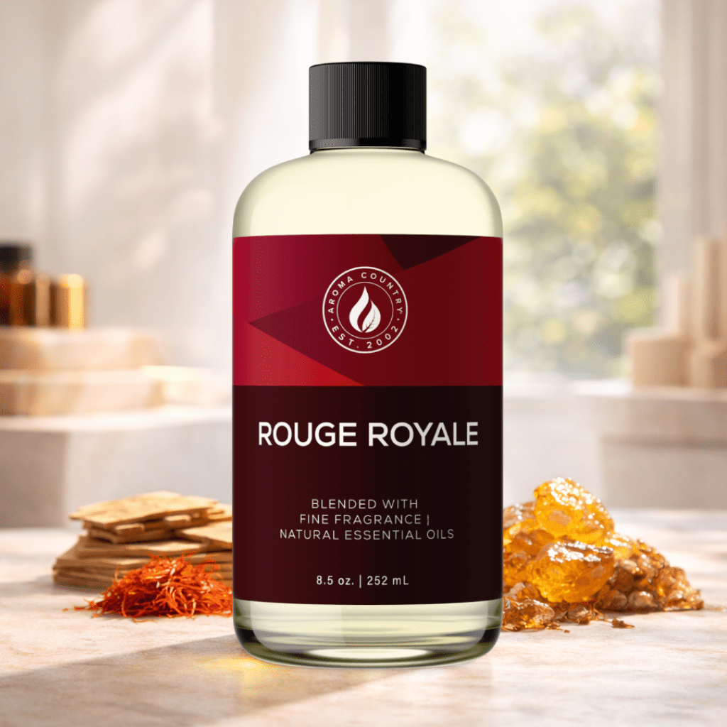 Rouge Royale scent blend with warm amber richness subtle spice and smooth resin tones creating a bold and sophisticated interior presence