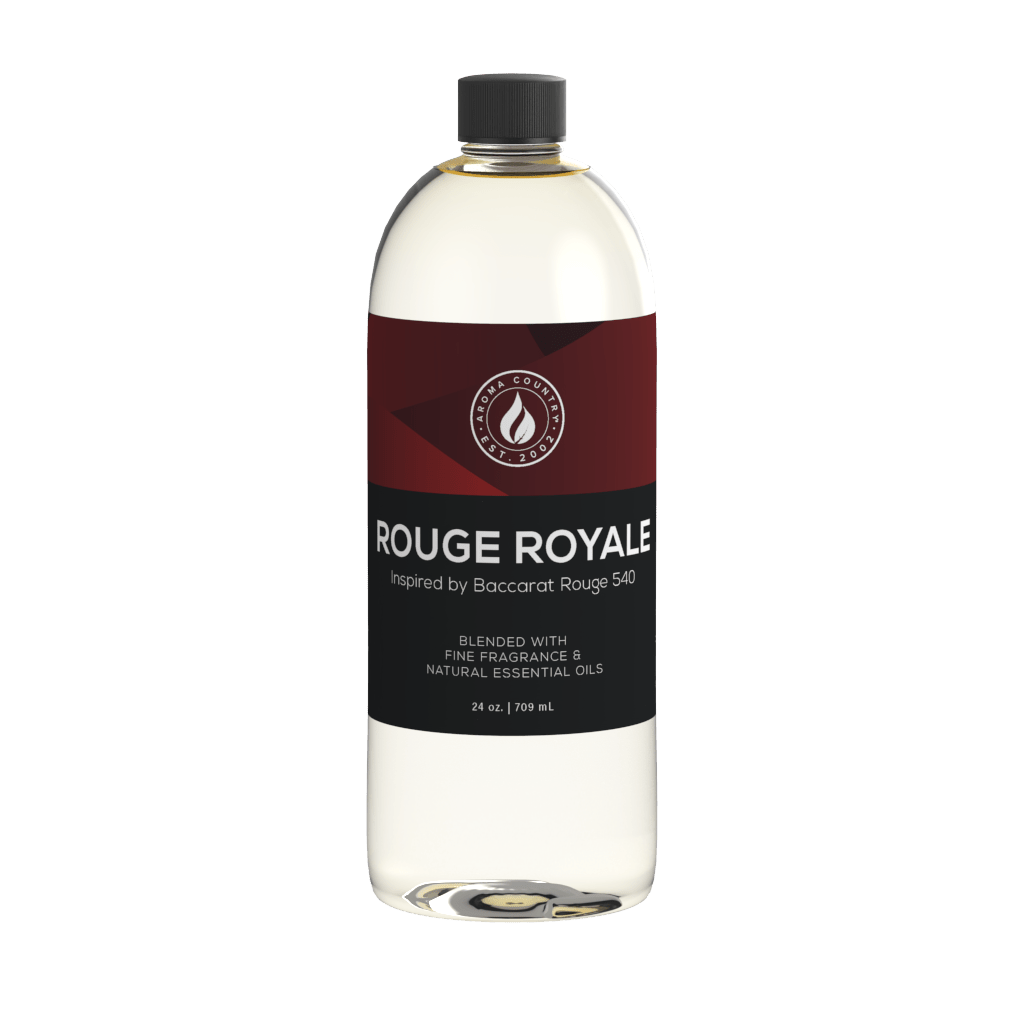 24oz bottle of Rouge Royale diffuser oil inspired by Baccarat Rouge 540, showcasing a deep red and black label with luxury fragrance and essential oil blend.