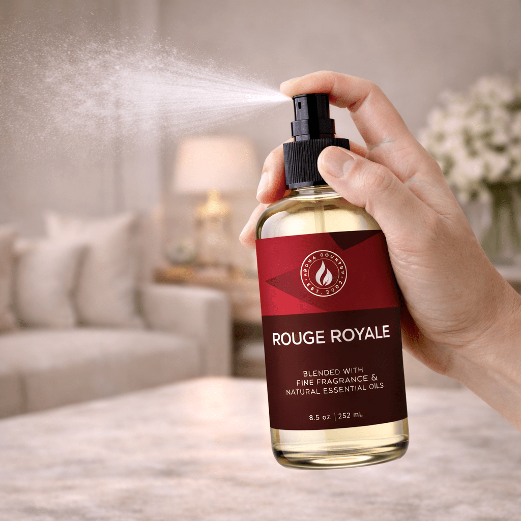 Rouge Royale luxury room scent fragrance spray with saffron jasmine amberwood ambergris cedar and fir resin creating a bold long lasting home aroma