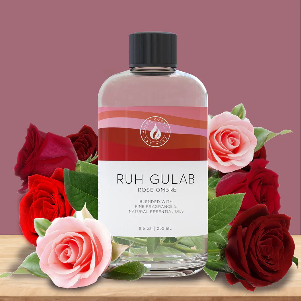 Aroma Country Ruh Gulab Rose Ombré 8.5 oz diffuser oil, romantic rose fragrance blended with natural essential oils and fine fragrance for luxurious floral home scenting