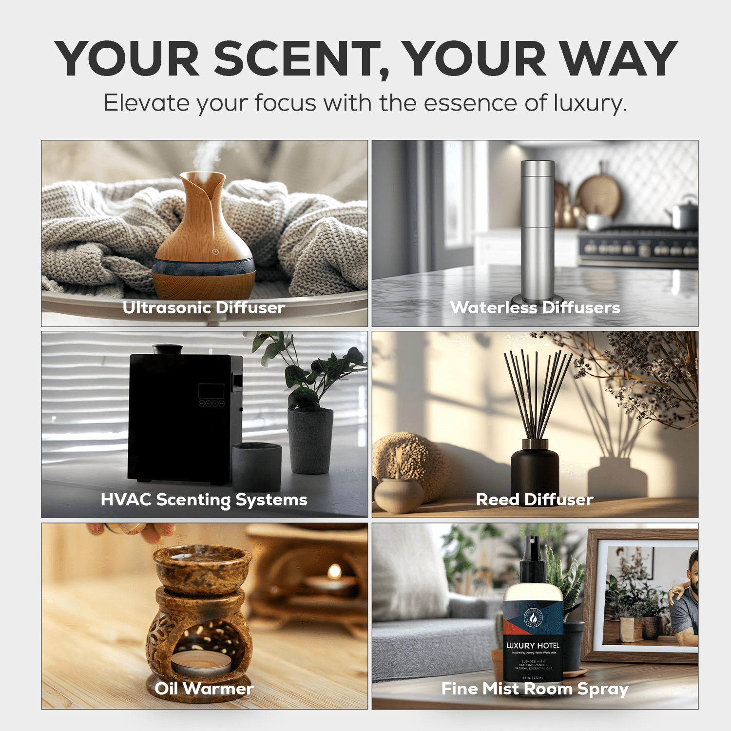 Various home scenting solutions including ultrasonic, HVAC, room spray, and diffuser options for luxury fragrance delivery