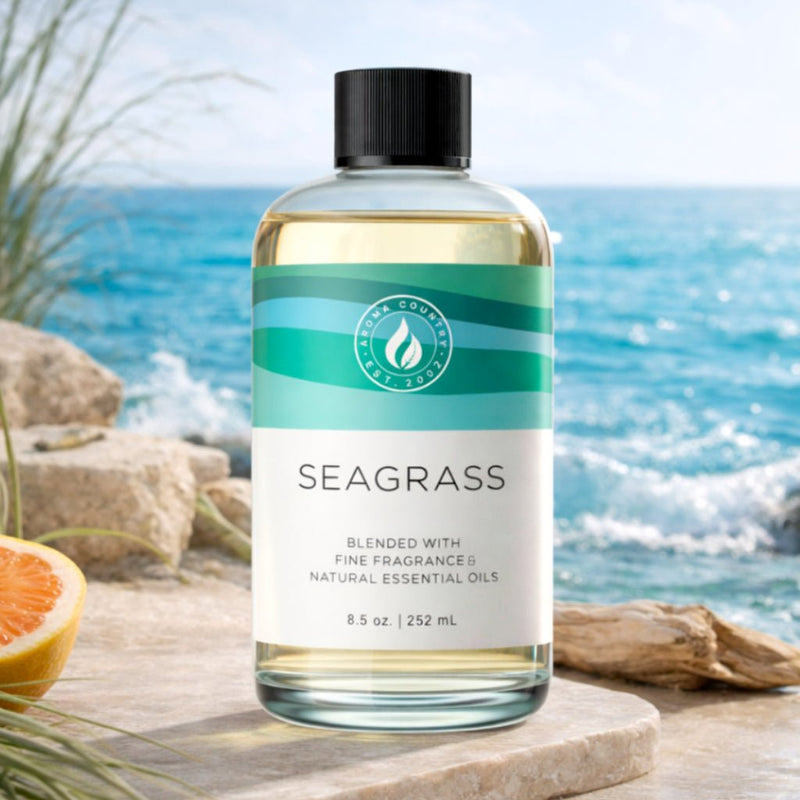 Seagrass room fragrance oil in an 8.5 oz bottle with a breezy oceanic aroma and crisp green aquatic character for cold air diffuser systems