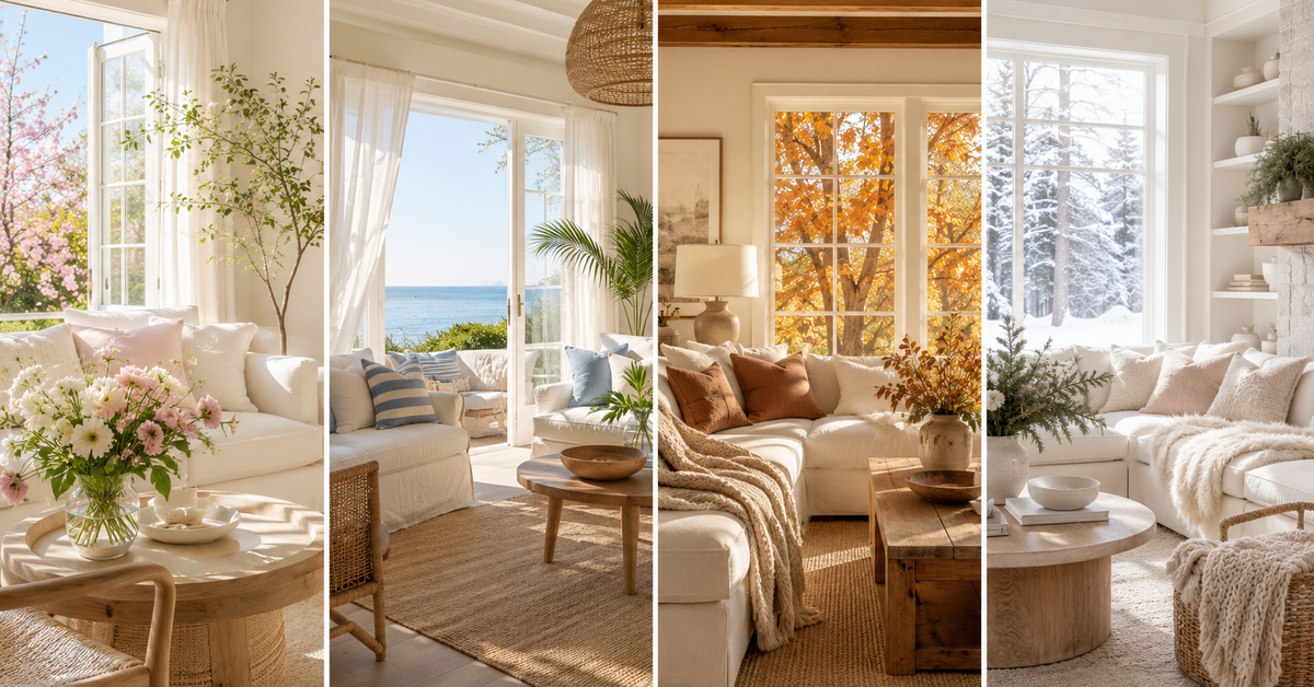 The same living room shown in four panels through the year: spring blossom, a summer sea view, golden autumn leaves and a snowy window