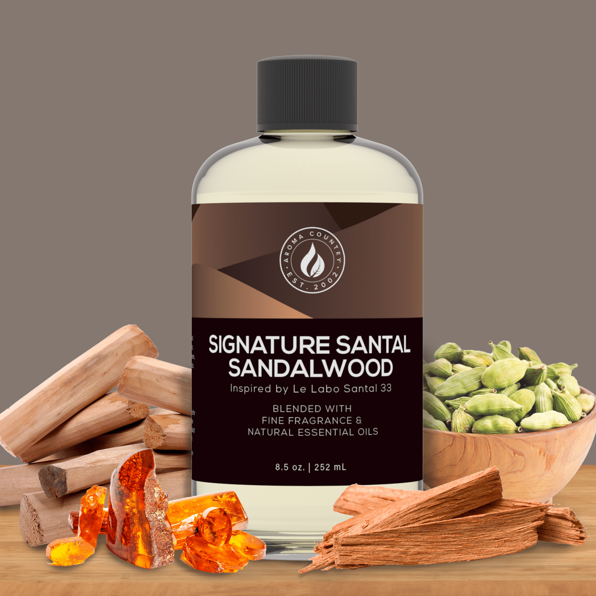 Signature Santal Sandalwood fragrance oil by Aroma Country, inspired by Le Labo Santal 33, blended with fine fragrance and natural essential oils featuring warm amber, cardamom, and sandalwood notes