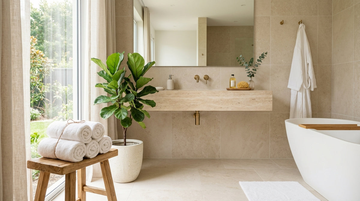 A bright spa-like home bathroom with rolled towels and a soaking tub, the kind of space spa scents are made for.