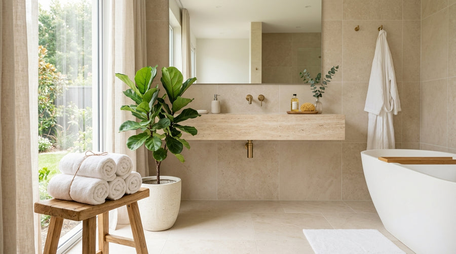 A bright spa-like home bathroom with rolled towels and a soaking tub, the kind of space spa scents are made for.
