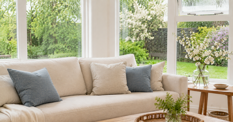 A bright living room during a spring rain shower with rain running down tall windows