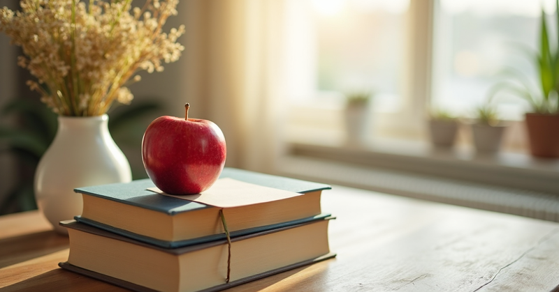 A red apple on a stack of books beside a vase of wildflowers on a sunlit desk